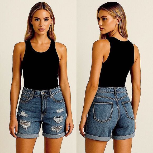 Kensie Pants - Kensie Ripped Distressed Denim Jean Shorts Size 26 Roll Up Boho